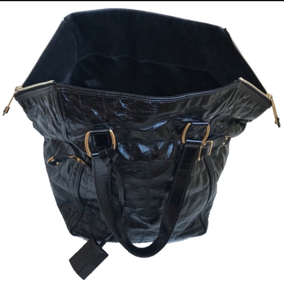 YSL Yves Saint Laurent Downtown Black Quilted Croc Embossed Patent Leather Tote - Picture 9 of 12